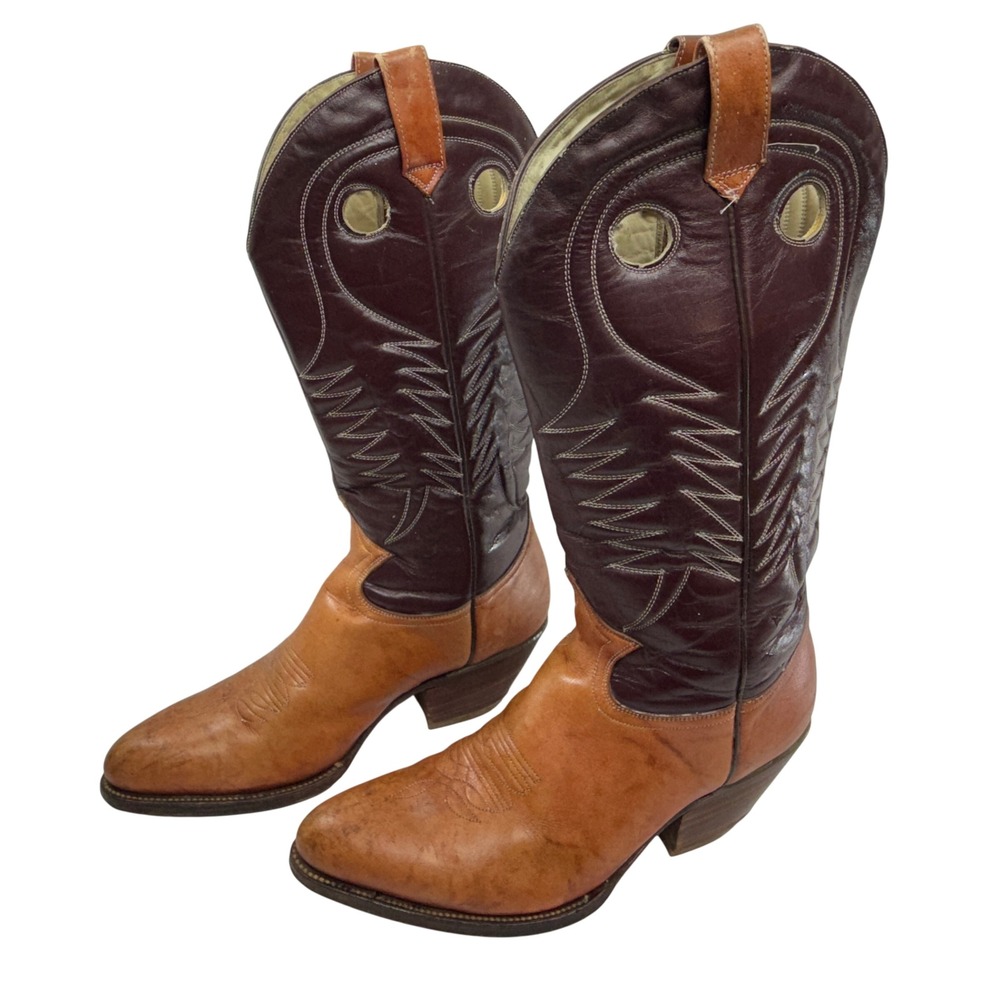 Rudel Buckaroo Western Cowboy Boots Men 9 Pull Holes 2 tone Leather Pointed Toe